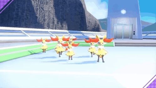 a group of pokemon are dancing in a video game