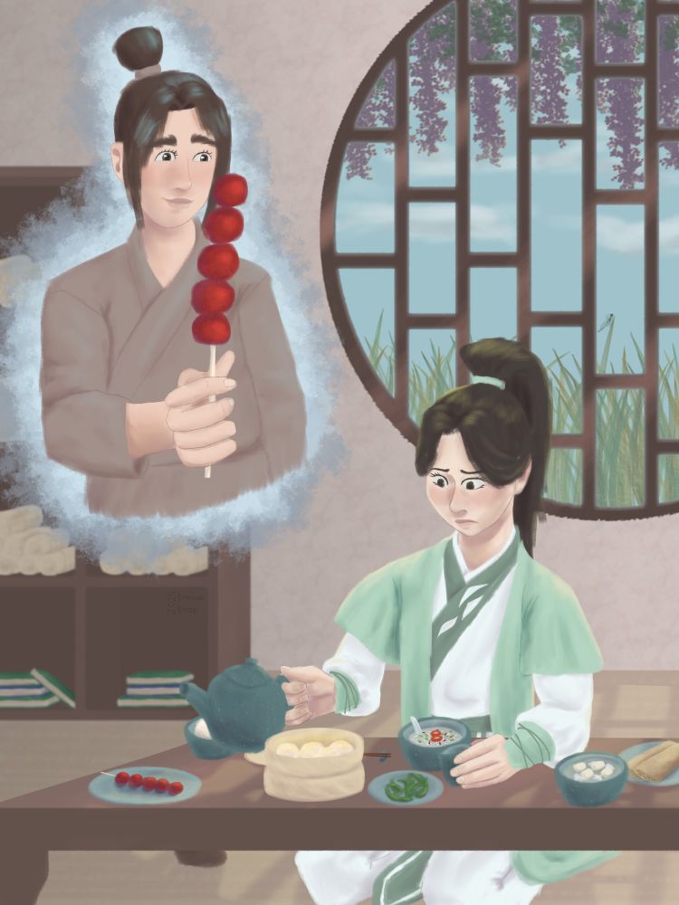 Digital art of a young Shen Jiu wearing a green and white Qing Jing disciple uniform inside the Bamboo House, seated before a low table laden with various dishes, including dumplings, congee, soup, sauteed greens, and filled pancakes. He lifts a pot of tea to reveal a plate holding a single stick of tanghulu in the corner of the table, which he looks at with a frown. In the corner of the image is the bust of a younger Yue Qi wearing a simple brown cross lapel top, holding out a stick of tanghulu to someone.