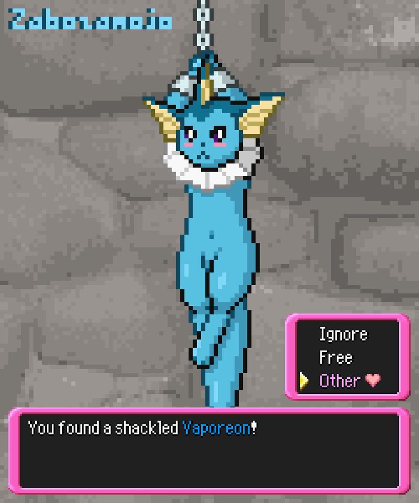 Pixel gif from artist zabozamojo of a vaporeon hanging from its shackled arms swaying slightly, with the text "You found a shackled Vaporeon!" And the choices "Ignore, Free, and Other with a heart next to it"