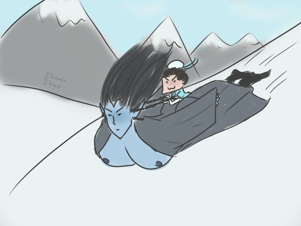 Mobei Jun body surfing head first down a snowy hill with his tits out, with a tiny Shang Qinghua riding on his ass and steering him with his braids