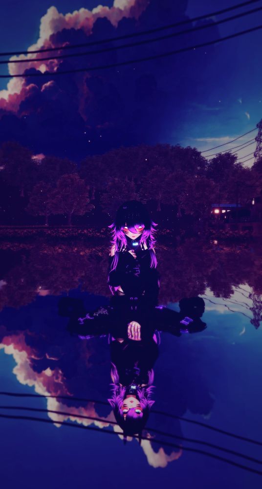 Atmospheric and stylized image from VRChat featuring a character with vibrant purple and black hair. The character is sitting in a serene scene by the water, with their reflection visible below them. The background showcases a dreamy, dusk-like setting with dark trees, power lines, and glowing lights from distant buildings. The sky is filled with dramatic clouds illuminated by purple and pink hues, creating an ethereal ambiance.