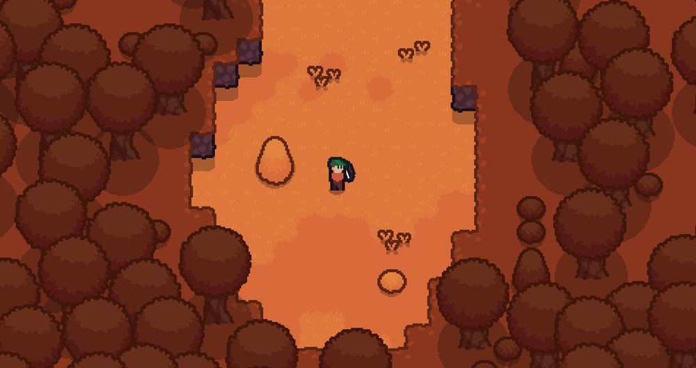 Pixel art screenshot of a work in progress top-down video game. The location is a grove.