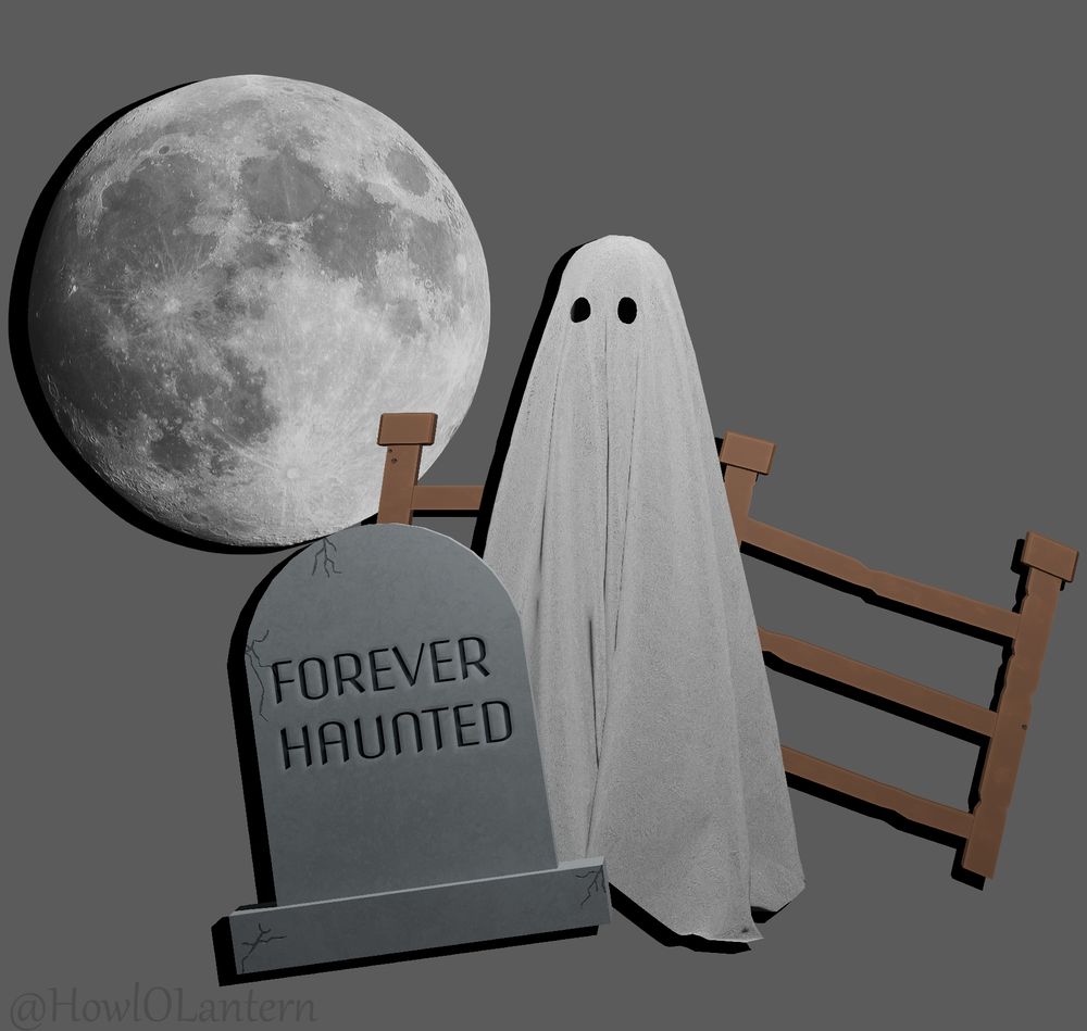 An image featuring a moon, fence, sheet ghost, and grave. The grave reads "FOREVER HAUNTED."