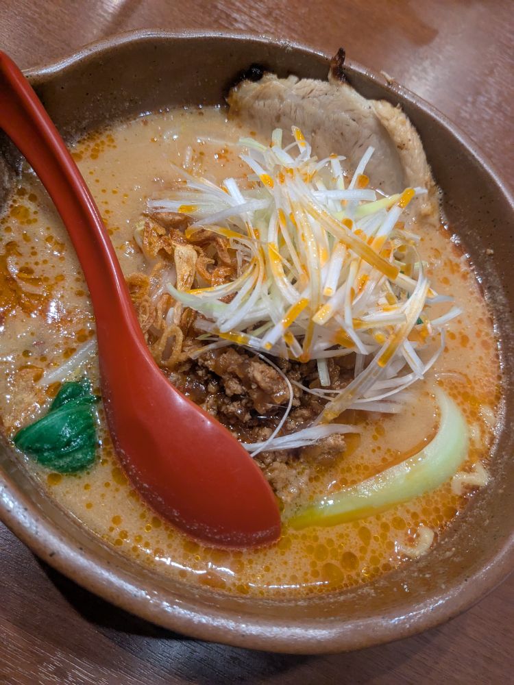 信州味噌タンタン麺。チャーシュー、肉味噌、チンゲン菜、白髪ネギ。赤いレンゲ。