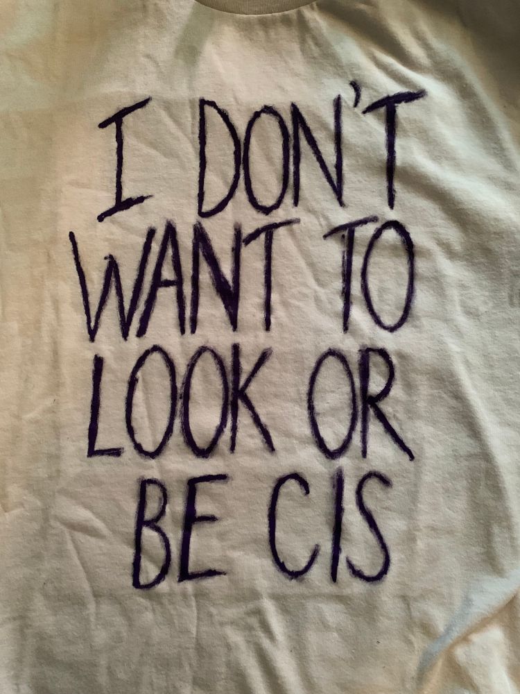 A t-shirt with text hand-written in all caps: “i don’t want to look or be cis”