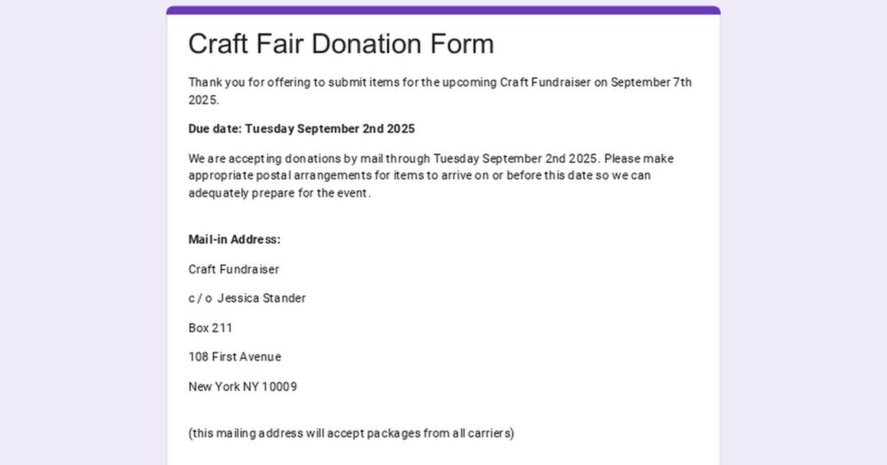 Thank you for offering to submit items for the upcoming Craft Fundraiser on September 7th 2025.
Due date: Tuesday September 2nd 2025
We are accepting donations by mail through Tuesday September 2nd 20...