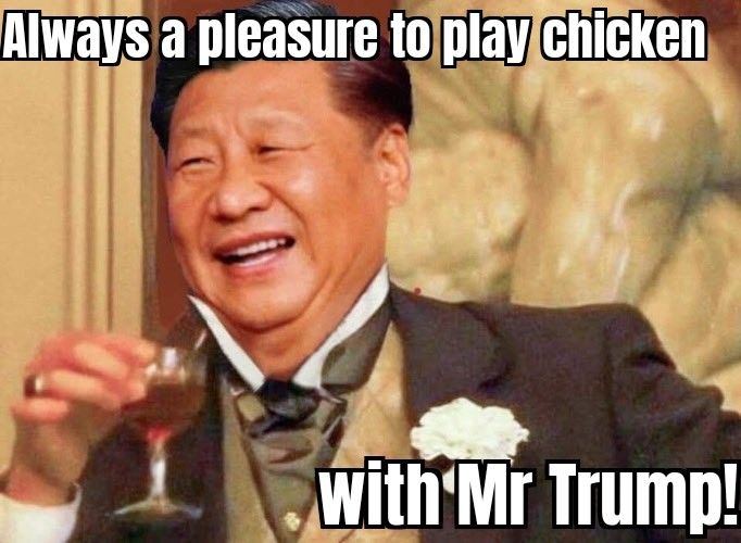 Xi Jingpin in the manner of Di Caprio in Django Unchained, laughing while holding a cup in his hand

Always a pleasure to play chicken with Mr Trump!