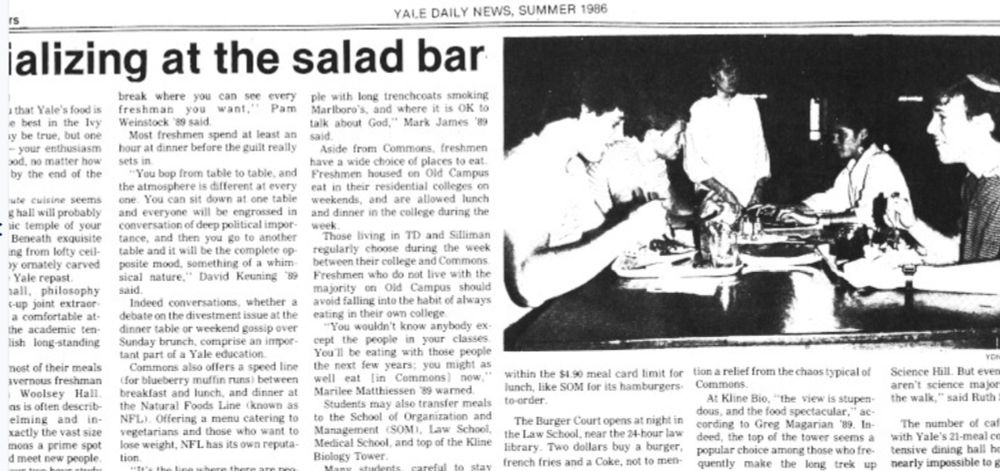 Clip from 1986 Yale Daily News about dining on campus, including a reference to the Yale Law School's late-night Burger Court.