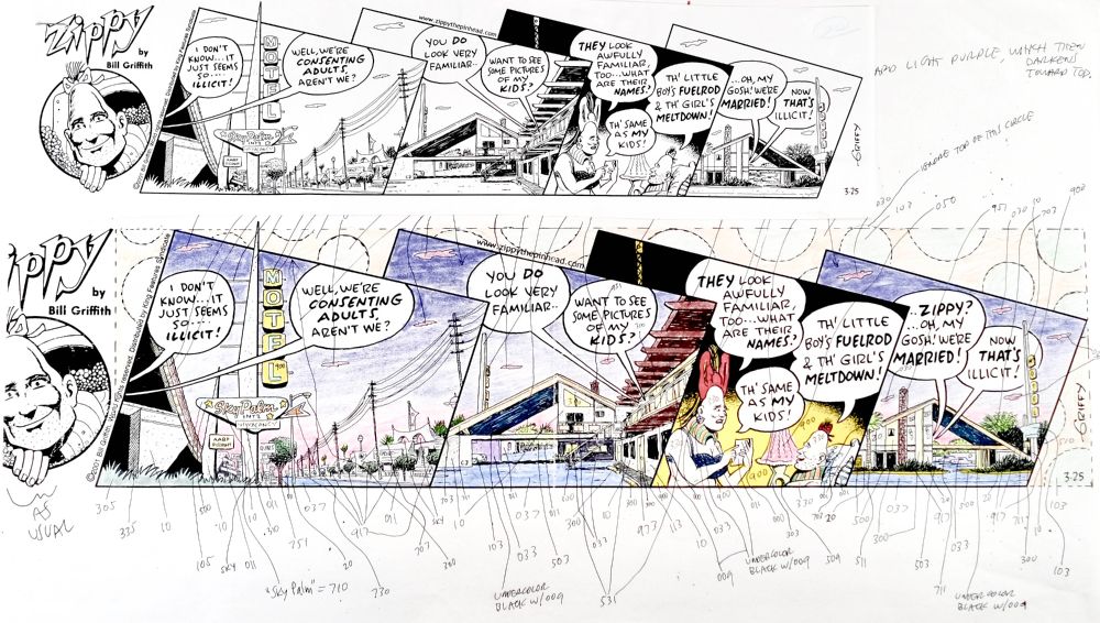 Color guide of a Zippy the Pinhead Sunday cartoon shown in black ink and in colored crayon with numbers marking the corresponding colors to be set up by a syndicate colorist for use in preparing it for full-color printing.