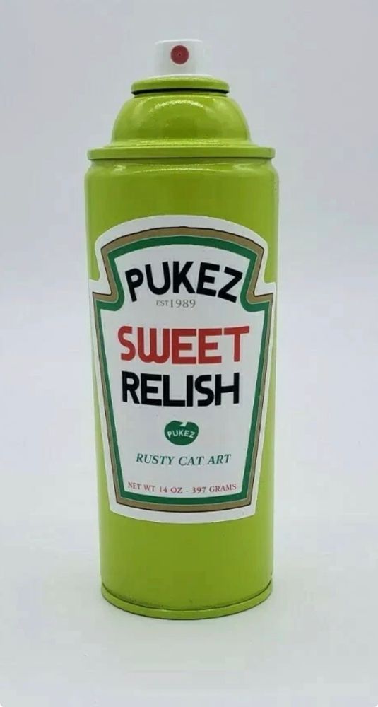 Artwork called PUKEZ SWEET RELISH shown in a green-colored spray can