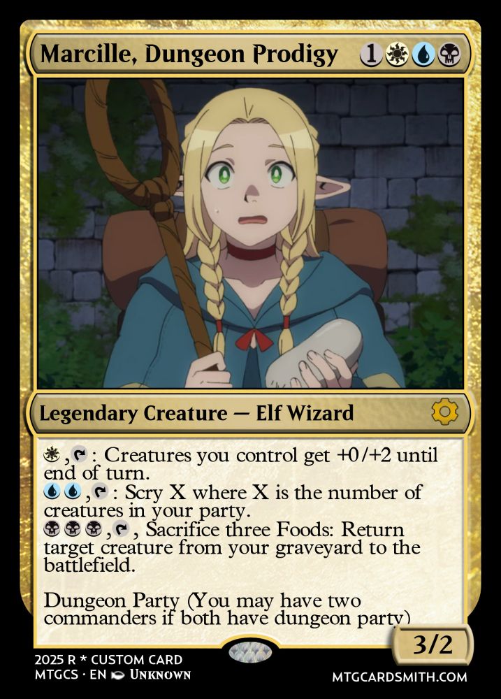 Custom MTG card of Marcille from Dungeon Meshi called "Marcille, Dungeon Prodigy" which costs white, blue, black and one mana to cast with the following text: {w},{t}: Creatures you control get +0/+2 until
end of turn.
{u}{u},{t}: Scry X where X is the number of creatures in your party.
{b}{b}{b},{t}, Sacrifice three Foods: Return target creature from your graveyard to the battlefield.

Dungeon Party (You may have two commanders if both have dungeon party)