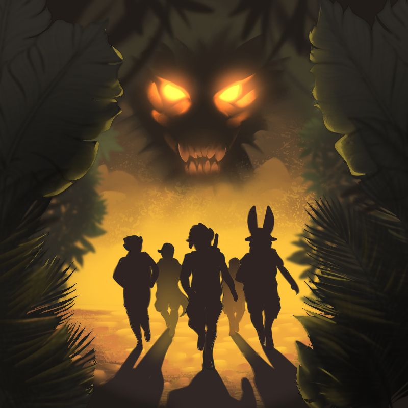 illustrated jungle scene of a group of 5 people in shadow running towards the camera. There's a pair of glowing eyes and teeth in the darkness behind them.
