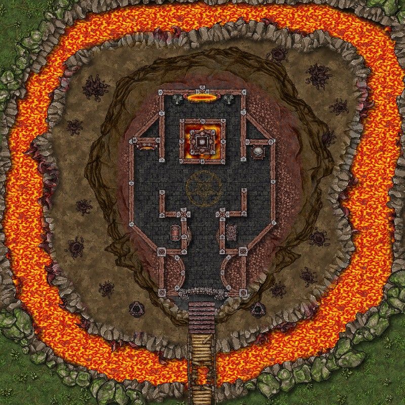 battle map of a temple surrounded by a lava moat for table top role playing games like dungeons and dragons
