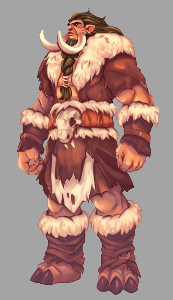 digital illustration of a fantasy giant character with fur tribal clothing, elephant tusks and feet