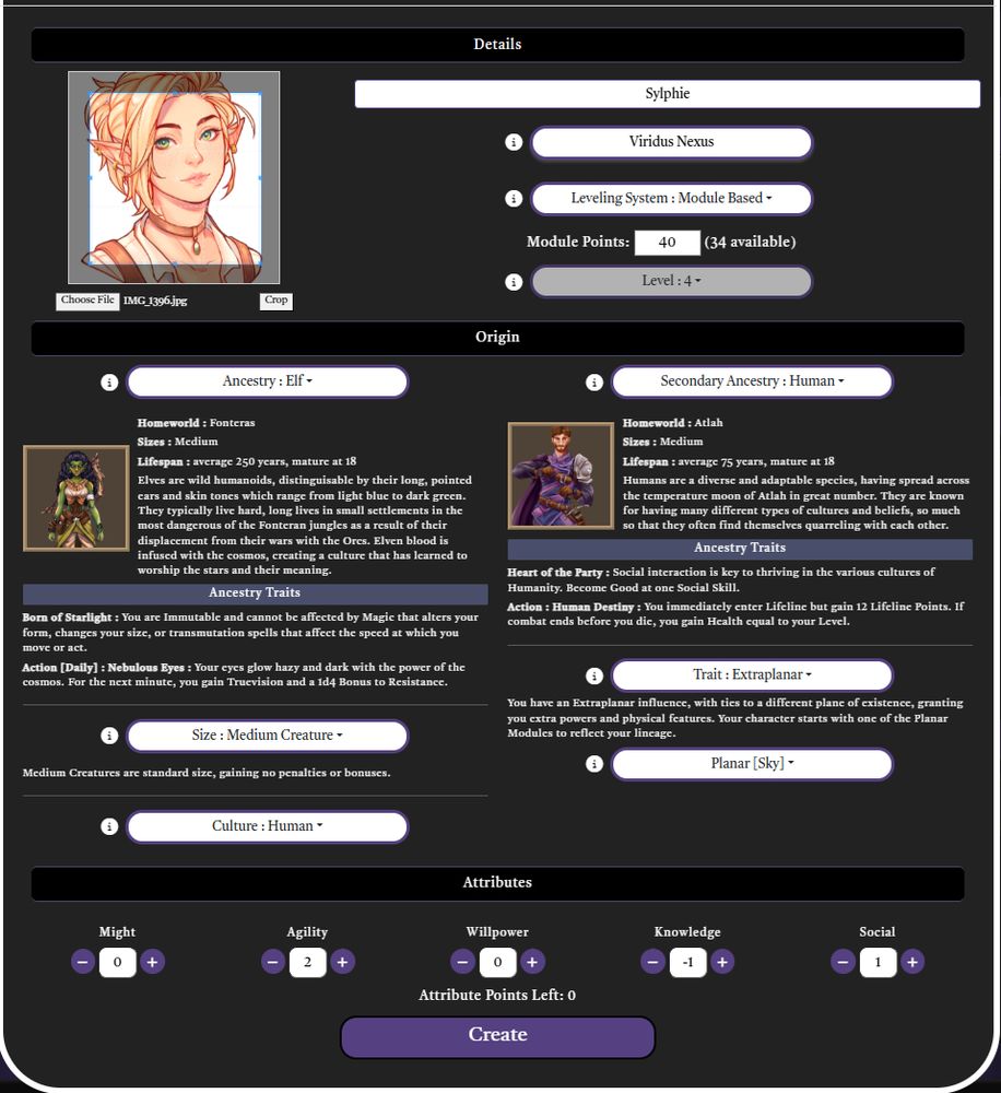 screenshot of the new character creation screen for anyventure d12 ttrpg system