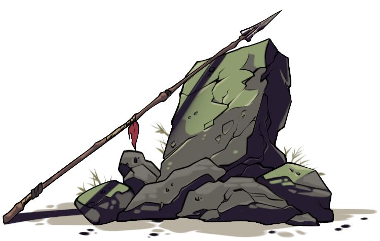 picture of a pile of rocks like a gravestone, a spear leaning up against it