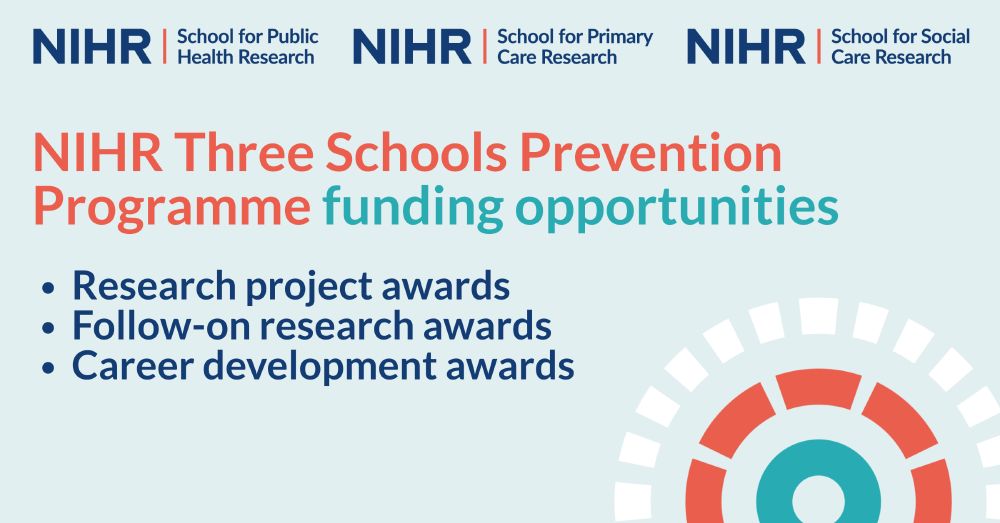 NIHR Three Schools Prevention Programme funding opportunities
- Research project awards
- Follow-on research awards
- Career development awards