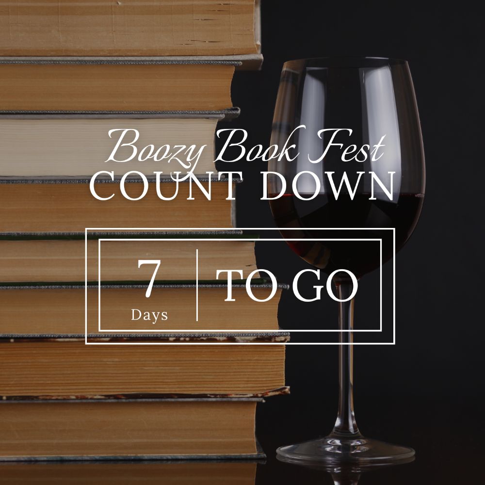 In this square design a stack of books stands next to a wineglass filled with red wine. The white overprinted words say, “Boozy Book Fest COUNTDOWN: 7 Days TO GO.” Image courtesy of the Kansas City Boozy Book Fest.