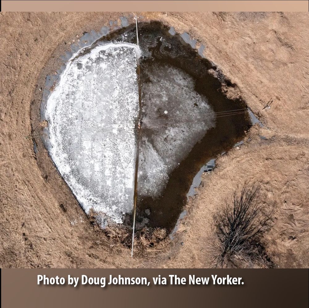 An aerial view of a half-and-half lake shows a clear distinction between the much lighter glass-bubble-covered ice and the much darker, faster-melting bare ice. Photo by Doug Johnson, via The New Yorker.