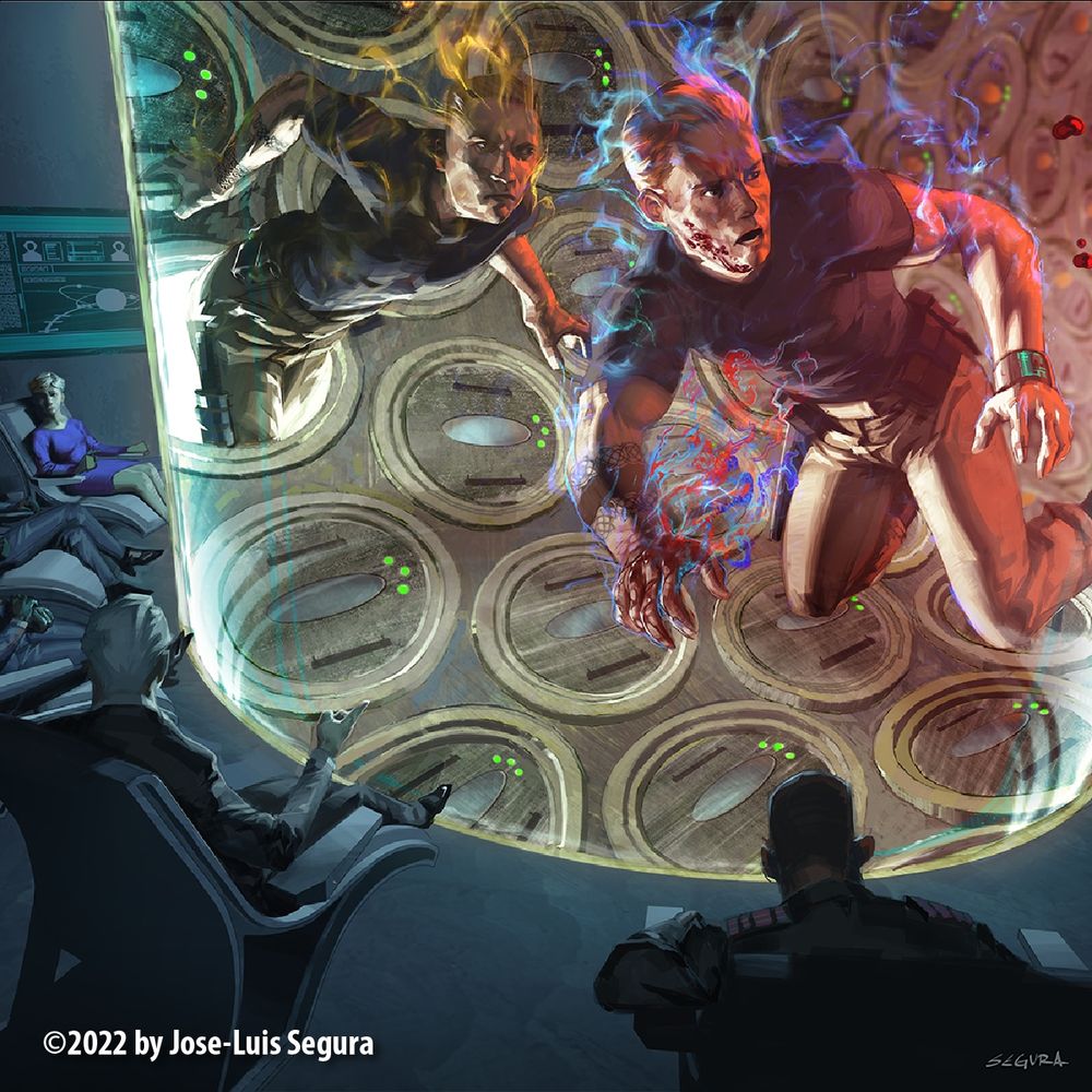 In a darkened room, people seated in a semicircle around a large cylindrical “tank” observe an oversized image of two men in a tubelike room lined with circular hatches and small lights. ©2022 by Jose-Luis Segura. 