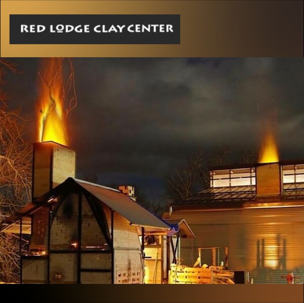 This square montage centers on a photo of a nighttime firing at the Red Lodge Clay Center. In this dramatic photo of the working studio’s buildings, fire bursts upward from two different chimneys as the potters in residence fire their works of art. Above the photo, the gallery’s name logo spells out “Red Lodge Clay Center.” Photo and logo are courtesy of the Red Lodge Clay Center’s website.