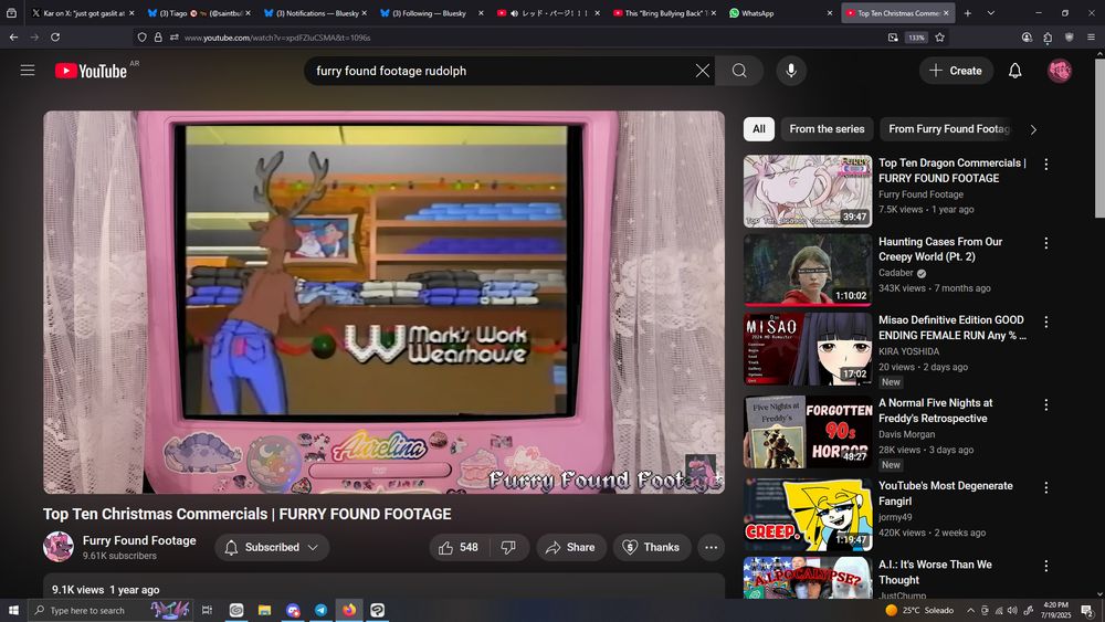 Furry Found Media Youtube Channel featuring Mark's Work Wearhouse ad for jeans with Rudolph de Red Nose Reindeer