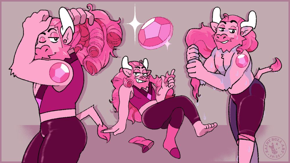 Old art repost for Halloween 2025!
My fursona Tiago the Bull as a Rose Quartz gem from Steven Universe! 
🎨🐂 2025