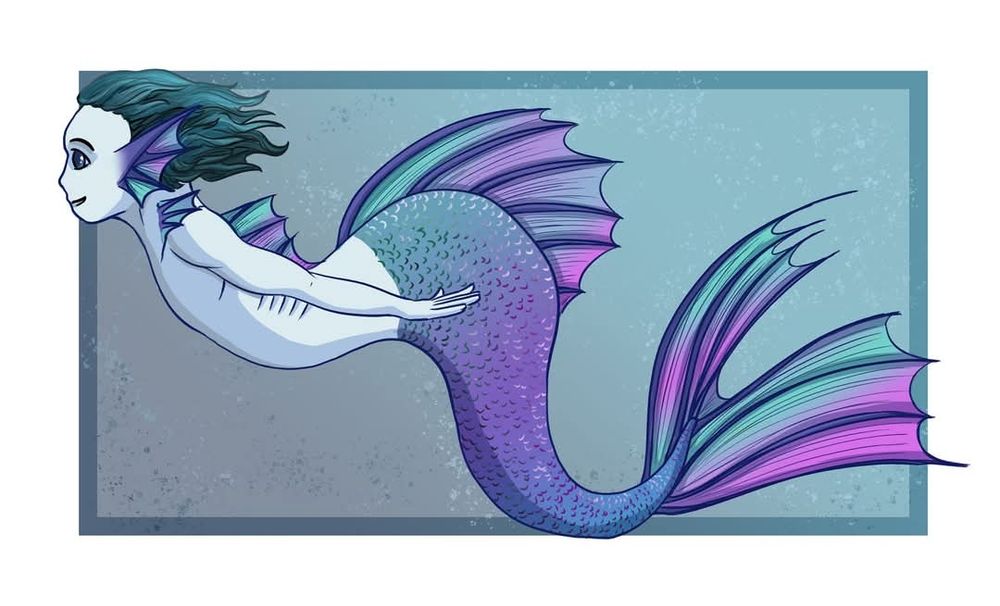 Digital drawing of a blue and purple coloured merman swimming in profile towards the left.