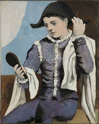A classical portrait of a ornately dressed man checking his reflection in a hand held mirror
