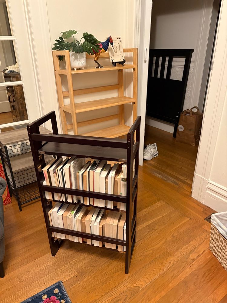 A smaller full bookshelf facing a larger lighter empty bookshelf