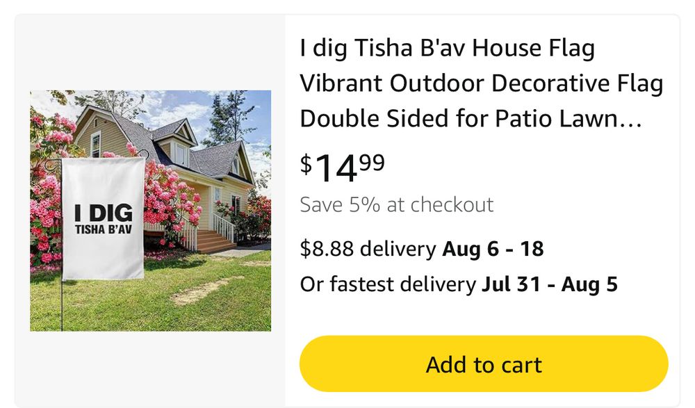A yard flag that says “I dig tisha B’Av”