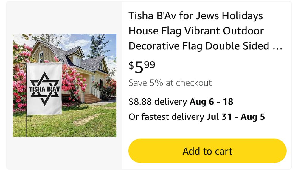 An outdoor yard flag that says “TISHA B’AV” on top of a Star of David. The title of the item is “Tisha B'Av for Jews Holidays House Flag Vibrant Outdoor
Decorative Flag Double Sided ...”