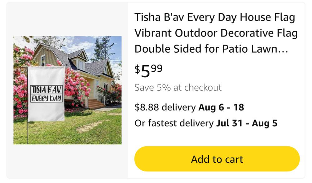 An outdoor yard flag that says “Tisha B’Av every day”