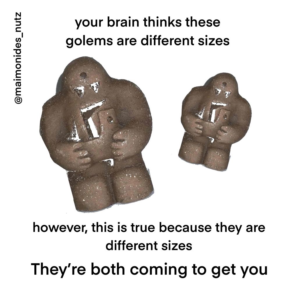 A picture of two clay figures of golems, one is larger than the other. The text above them reads “your brain thinks these golems are different sizes”
The text below them reads “however, this is true because they are different sizes” and then below that, in a slightly larger font, is the text “they’re both coming to get you”