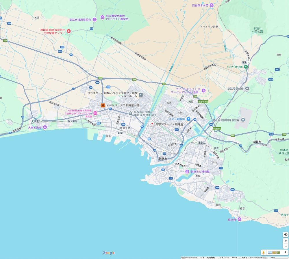 Googleマップの釧路市街地地図
