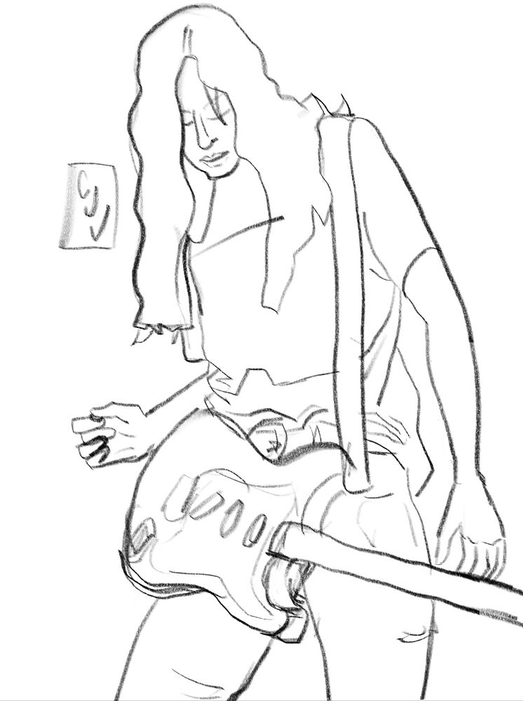 A drawing of a woman with a guitar