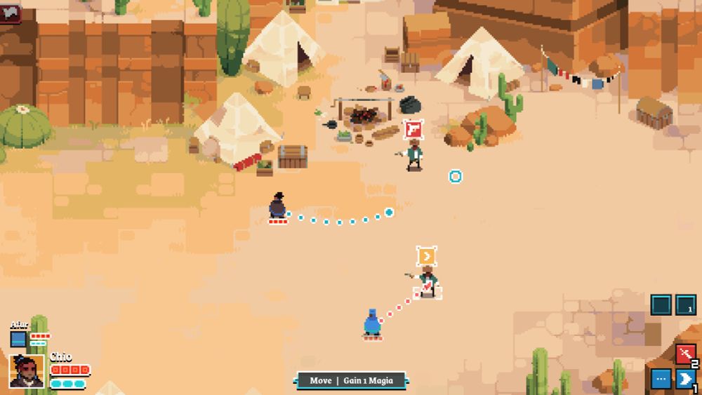 screenshot from the game: a tactical map with Mesoamerican characters standing off against each other in a dry desert landscape.