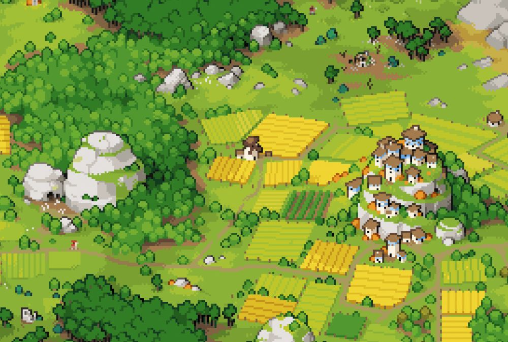 closeup of the pixel art of the mat: a lush green landscape with grain fields and a small town on a hill