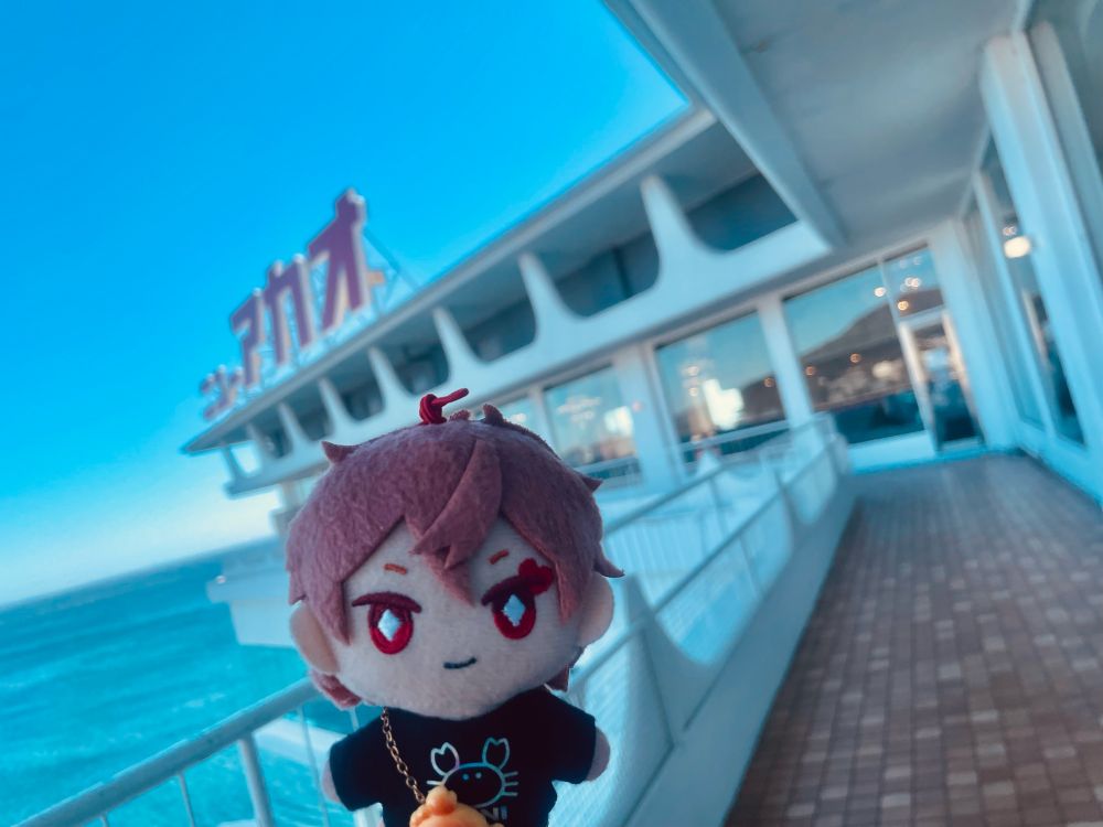 写真。背景は海に面したホテル、ニューアカオ。白い建物に赤い看板がよく映える。手前に黒地にカニの絵がプリントされたTシャツを着たエースのぬいぐるみ。空はよく晴れている。