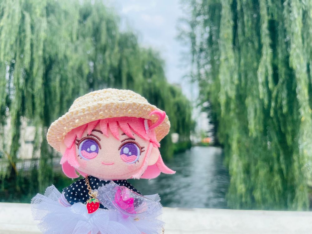 写真。前橋市の広瀬川を橋の上から撮った。川の両脇には柳。手前に前橋ウィッチーズの赤城ユイナマスコット。麦わら帽子を被って黒地に白ドットのシャツと白のチュールスカートを履いている。肩からはピンクのグミベアが入ったバッグを下げている。（以下ユイナぬいと呼称、服装も全て同じ）