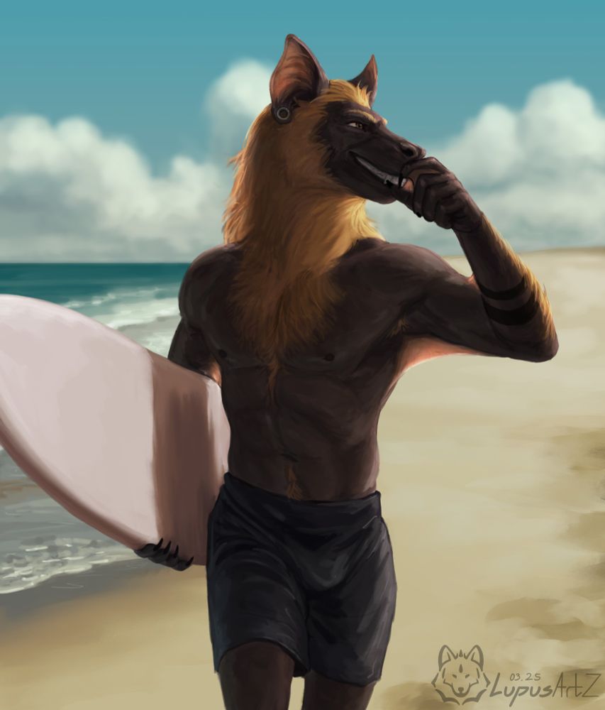 illustration of an anthropomorphic fruit bat walking on the beach, holding a surfboard 