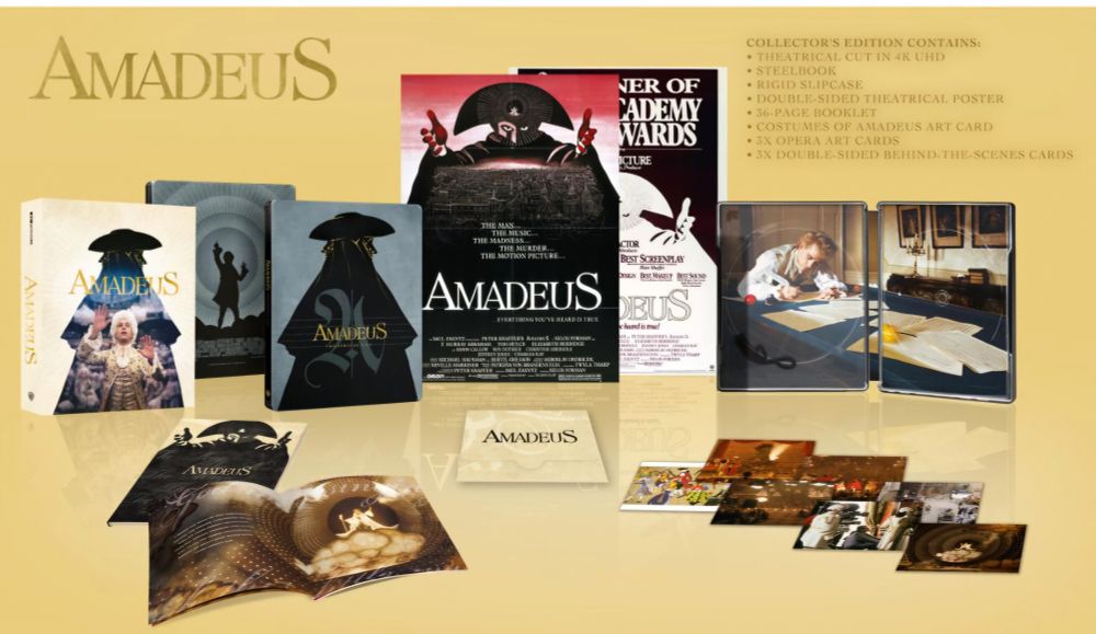 An advertisement showing all the content of the Amadeus collectors edition.  Included are a steel book case, 2 movies posters, several photo cards, and a slipcase