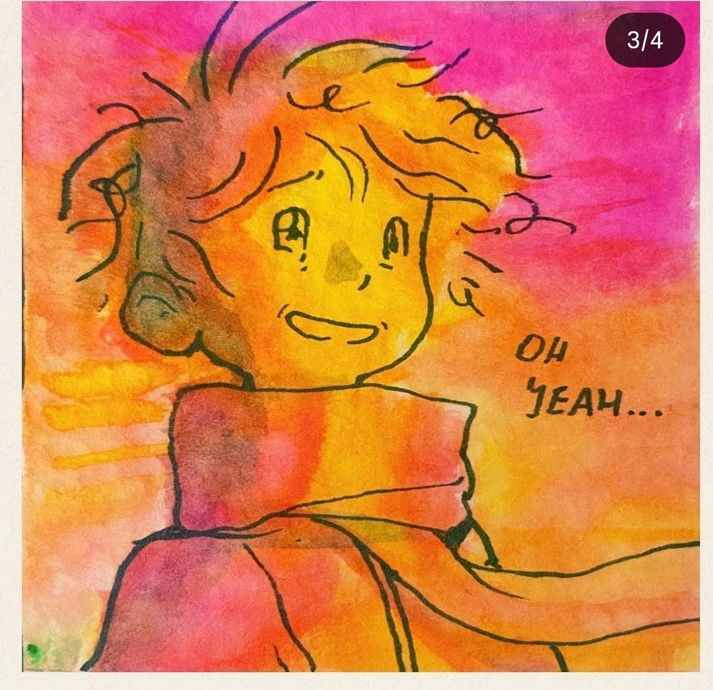 a close up of the person looking out into the sunset, with color, saying "oh yeah..."