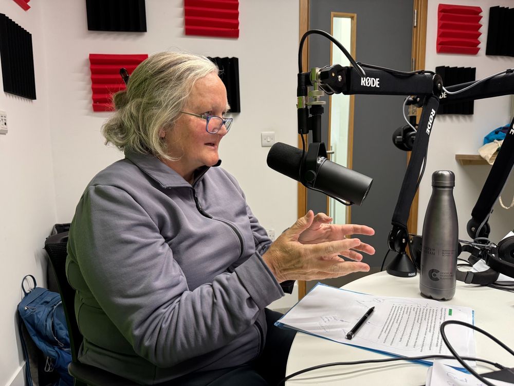 Jan gestures with her hands while talking into a microphone