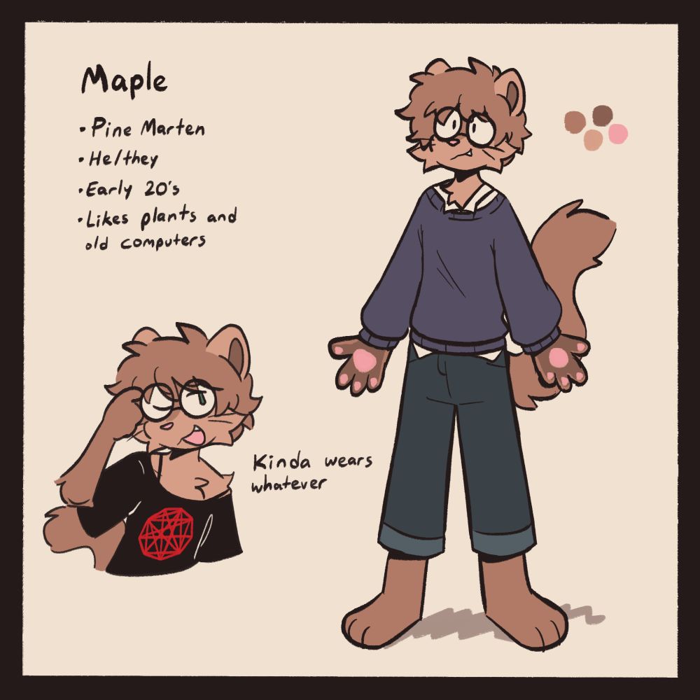reference sheet of an anthro pine marten named Maple