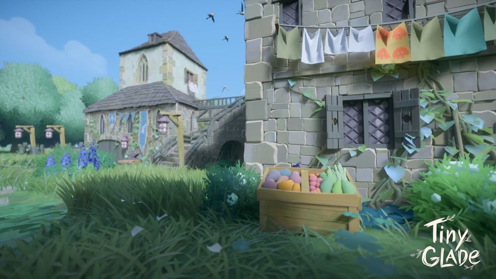 Screenshot of my creation in the game Tiny Glade: This image is from a low perspective as if walking in front of the house on the front right-hand side.
