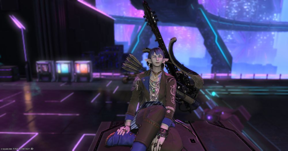 A grey-skinned elf in final fantasy 14 poses in front of a colorful background.