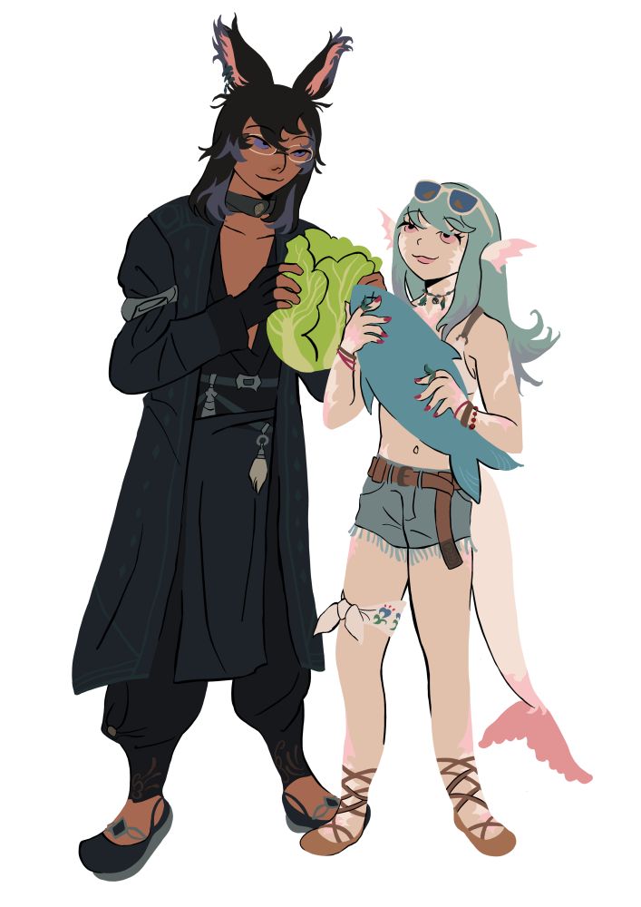 a fullbody, coloured drawing of a viera and an aura from final fantasy xiv. the viera is dressed in dark robes and holding a napa cabbage. the aura is wearing a bikini top and shorts and holding a large fish. they're smiling at each other, satisfied with their catches for dinner for the day.