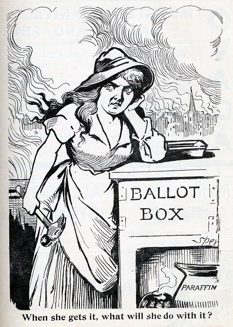 Old cartoon of woman leaning over a ballot box & holding a hammer 
Caption: “When she gets it, what will she do with it” 