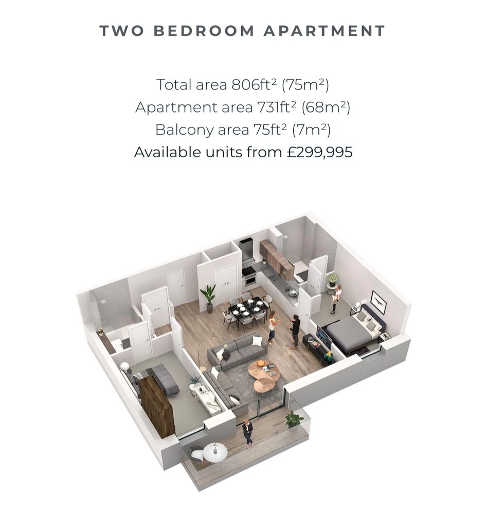 Photo of new apartment Manchester, total area 75m2, apartment area 68m2, balcony 7m2, price from £299,995 